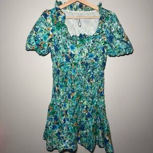 Zara Floral Smocked Mini Dress Size‎ S Blue / Green Puff Sleeves